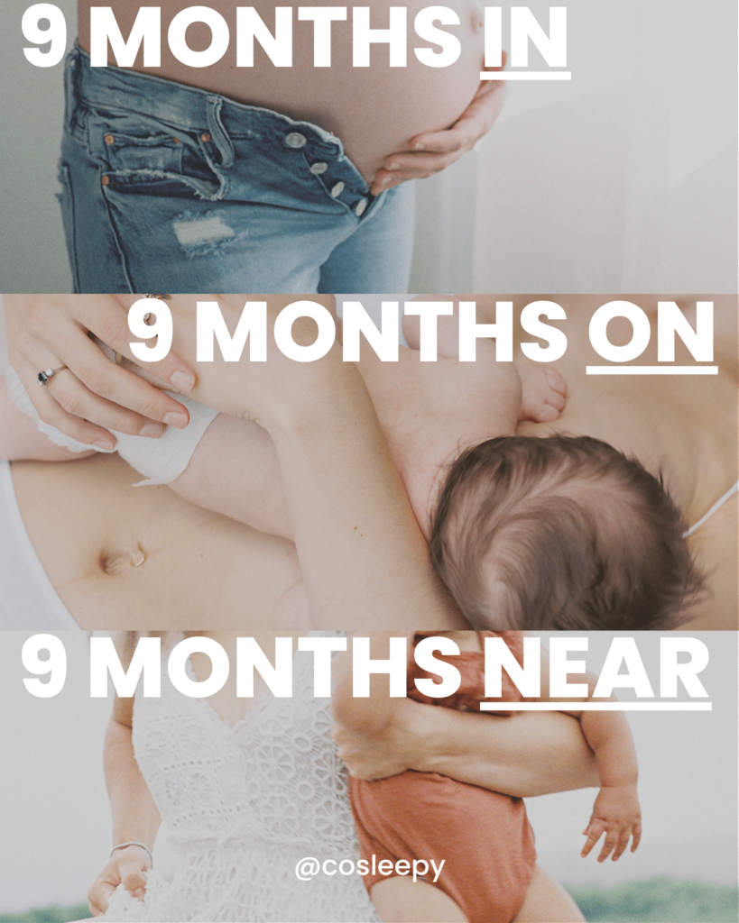 This photo is split into three separate photos. The top photo shows a mother's pregnant belly with text on top saying "9 Months IN." The middle photo shows a baby nursing on top of her mother's chest; text on top says "9 Months ON." The bottom photo shows a mother holding a toddler; text on top says "9 Months NEAR."